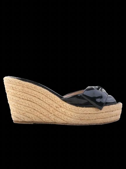 Excellent Valentino Black Leather Wedge Sandals Size 37 with Bow Detail