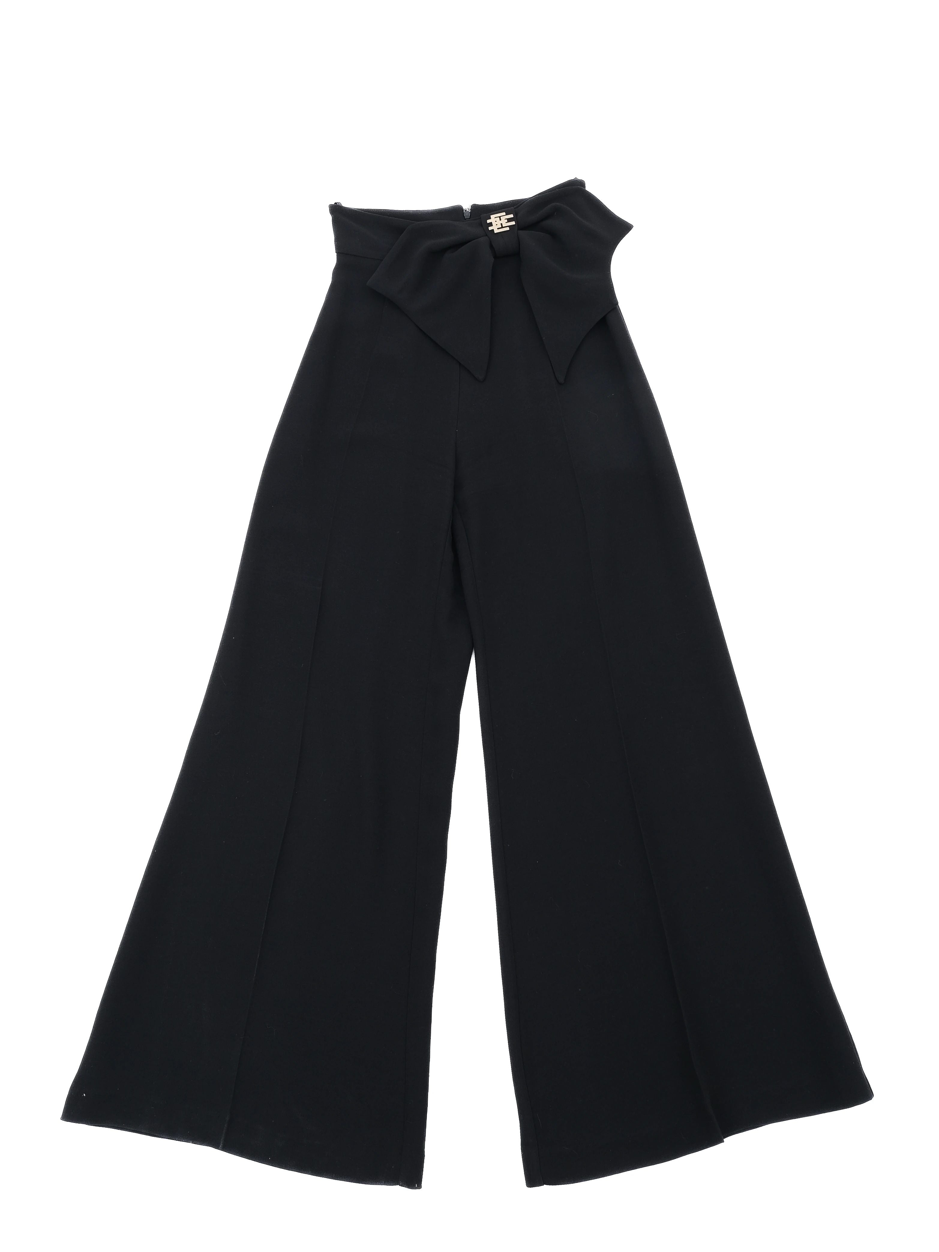 Perfect Elisabetta Franchi Black Wool Wide-Leg Pants Bow Size L