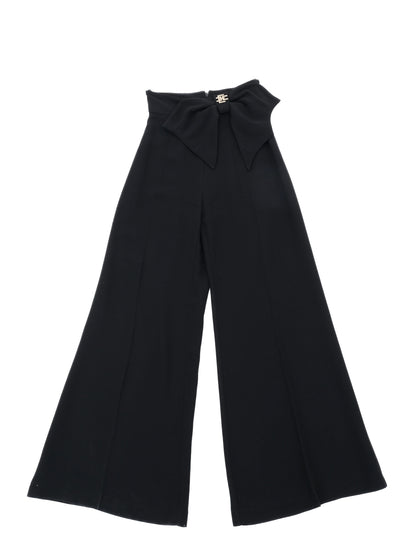 Perfect Elisabetta Franchi Black Wool Wide-Leg Pants Bow Size L