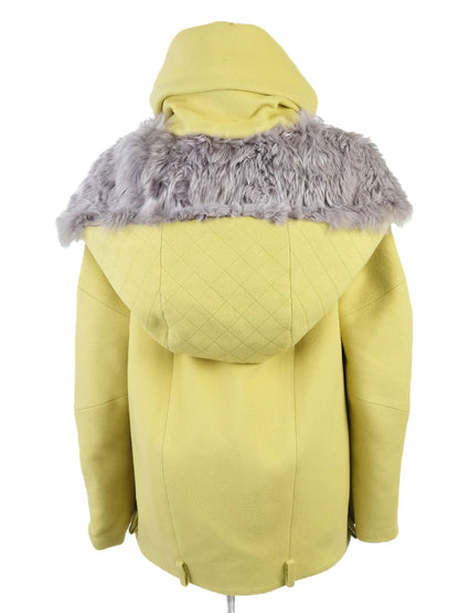 Excellent Emilio Pucci Yellow Wool Hooded Coat Size M with Fur Collar