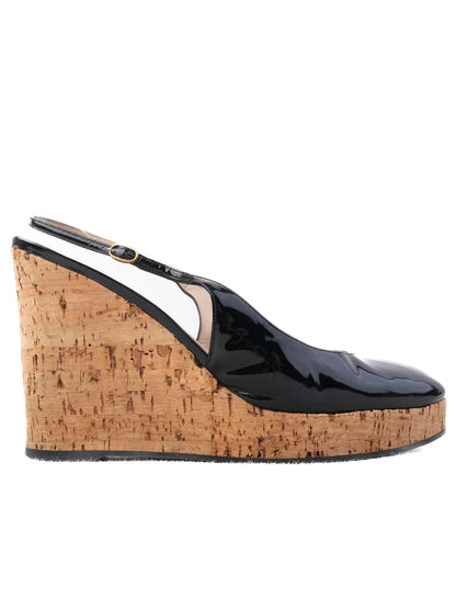 Excellent Yves Saint Laurent Black Lacquer Wedge Shoes Size 39