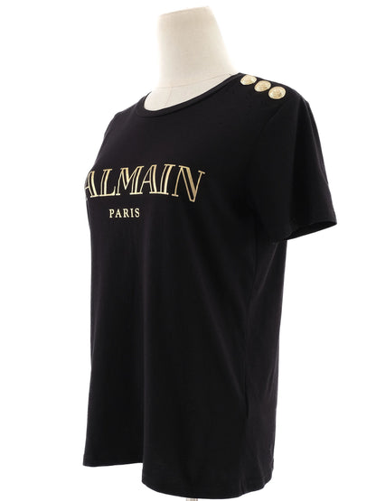 Excellent Balmain Black T-Shirt XS with Gold Print &amp; Buttons