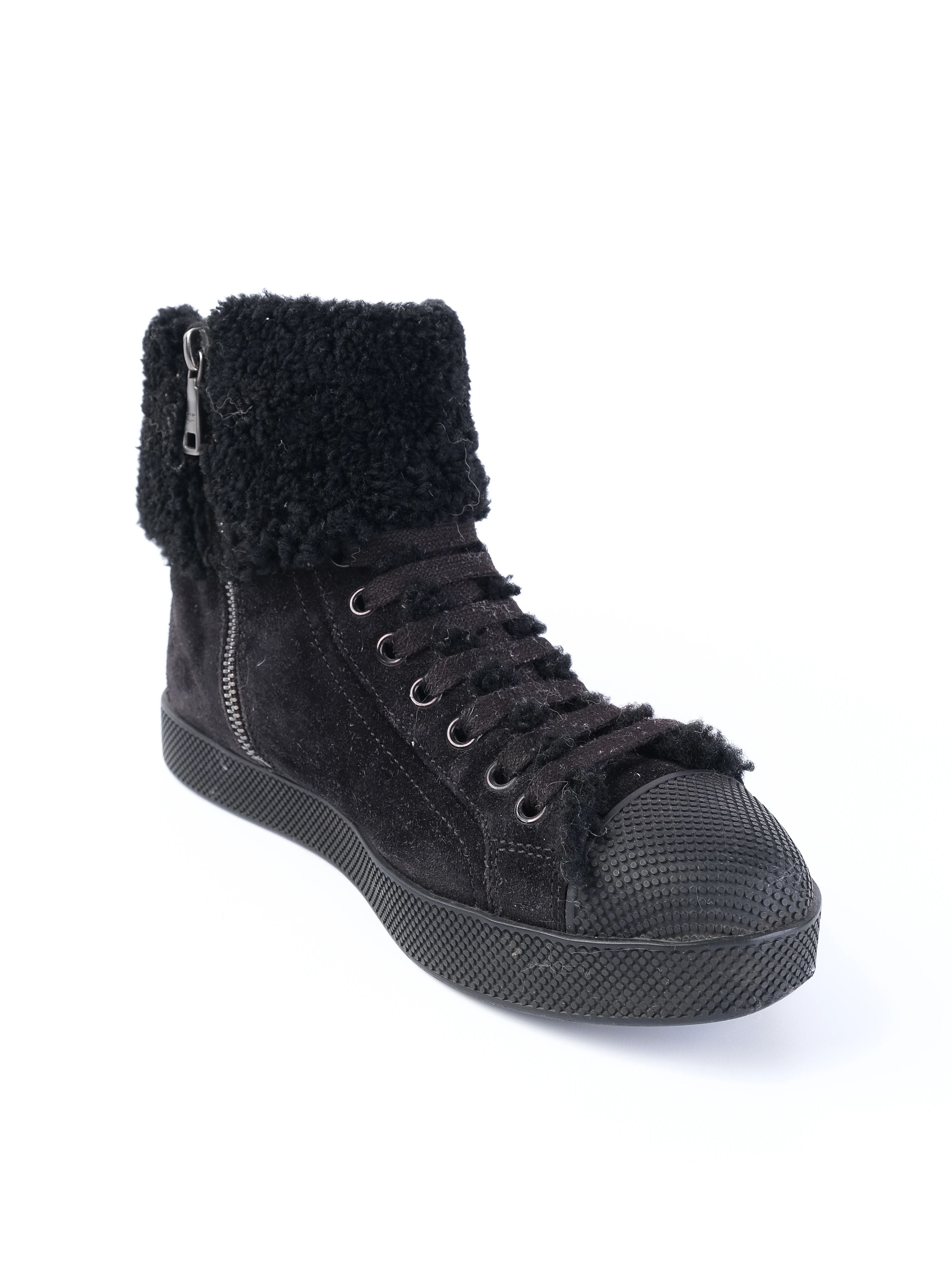 EXCELLENT Prada Black Leather High-Top Sneakers Size 35