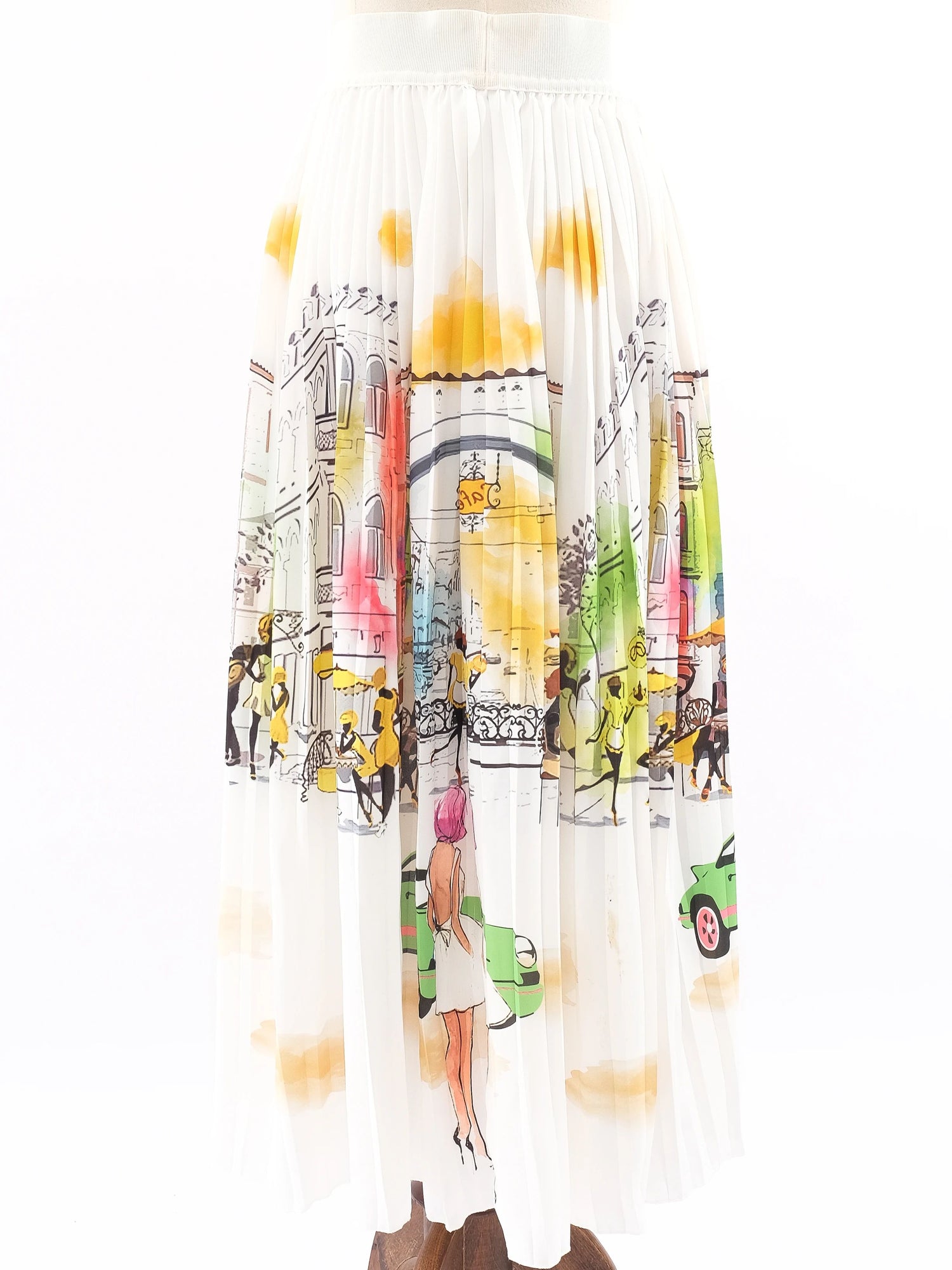 Excellent Vakko Pleated Skirt M Colorful Cityscape Design Polyester