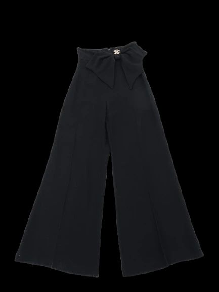 Perfect Elisabetta Franchi Black Wool Wide-Leg Pants Bow Size L