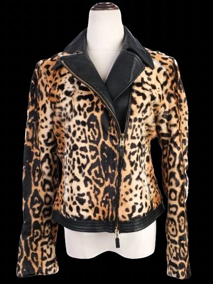 Excellent Etro Leopard Print Leather Jacket with Black Accents Size M