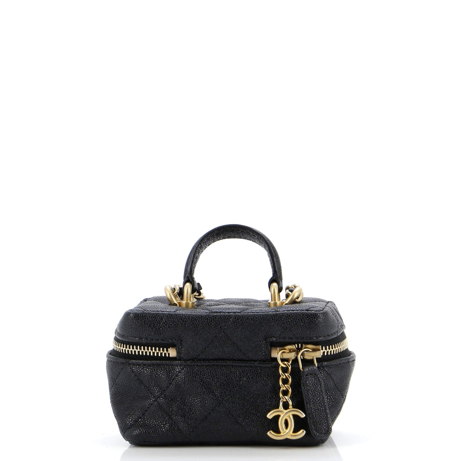 Chanel Top Handle Zip Around Vanity Case With Chain Quilted Caviar Mini