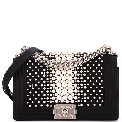 Boy Flap Bag Pearl Embellished Satin Old Medium