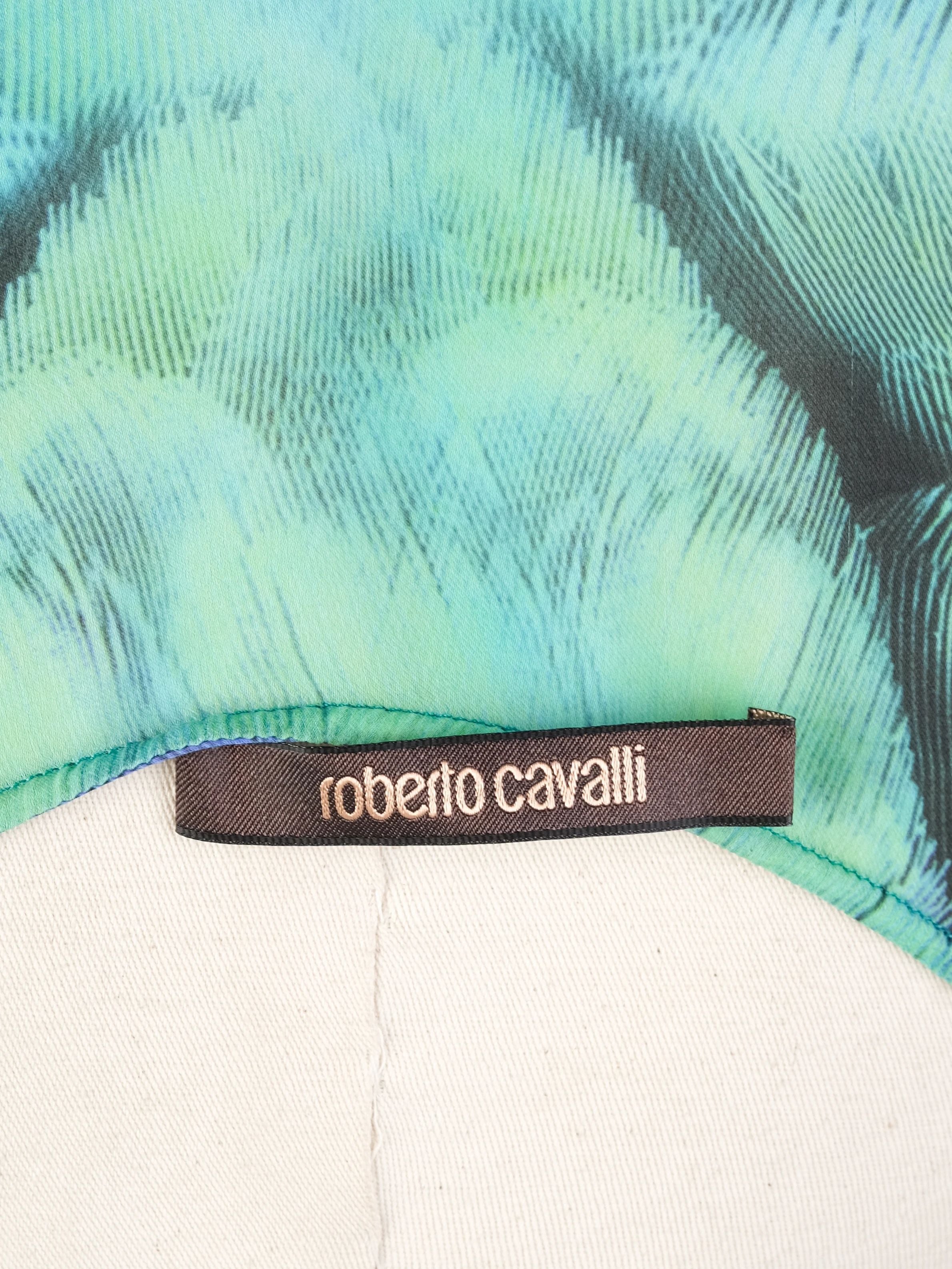 Excellent Roberto Cavalli Green Silk Blouse with Feather Pattern Size L