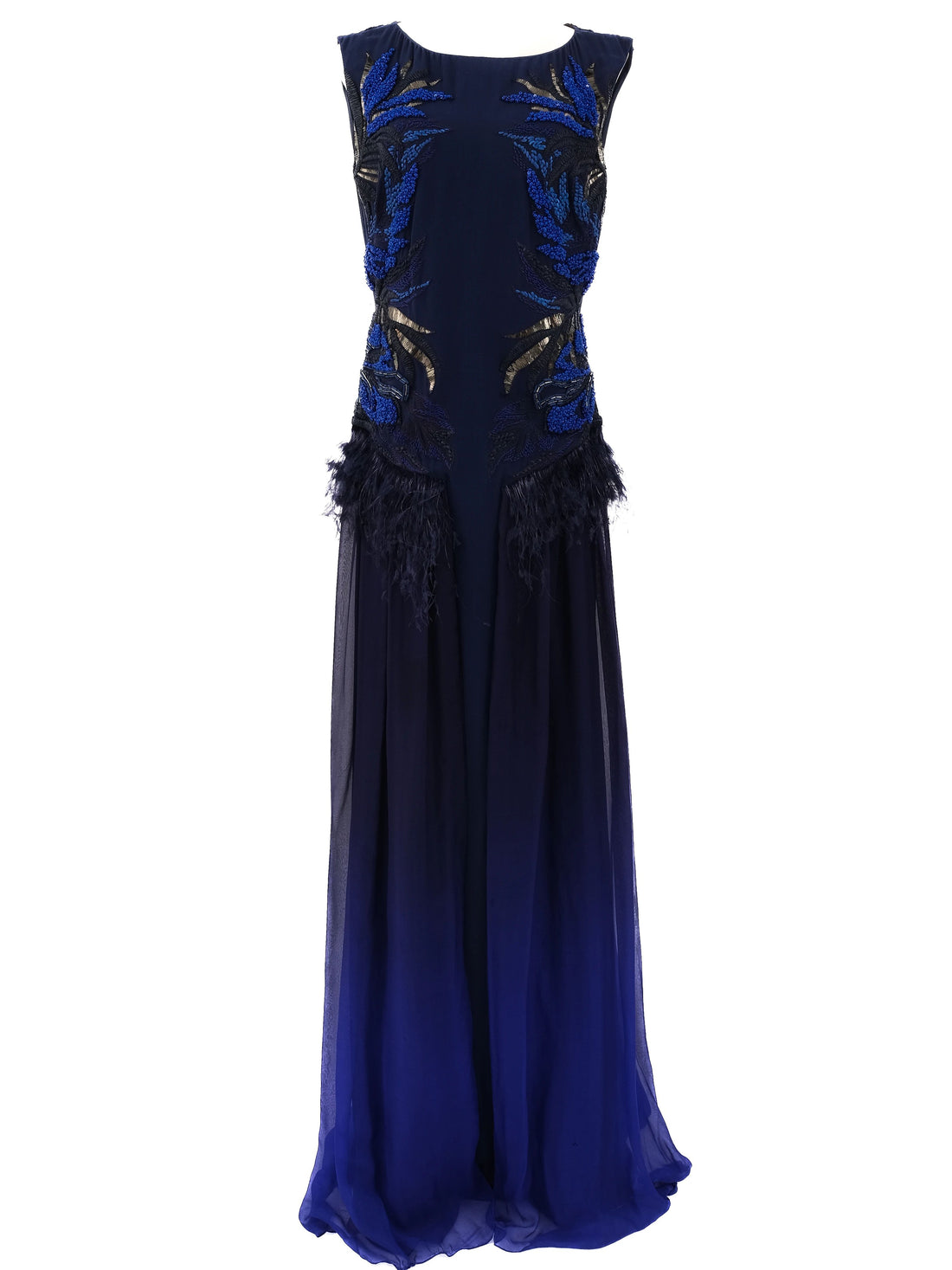 Excellent Dark Blue Silk Gown with Floral Embellishments