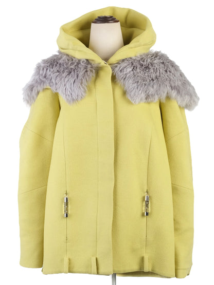 Excellent Emilio Pucci Yellow Wool Hooded Coat Size M with Fur Collar