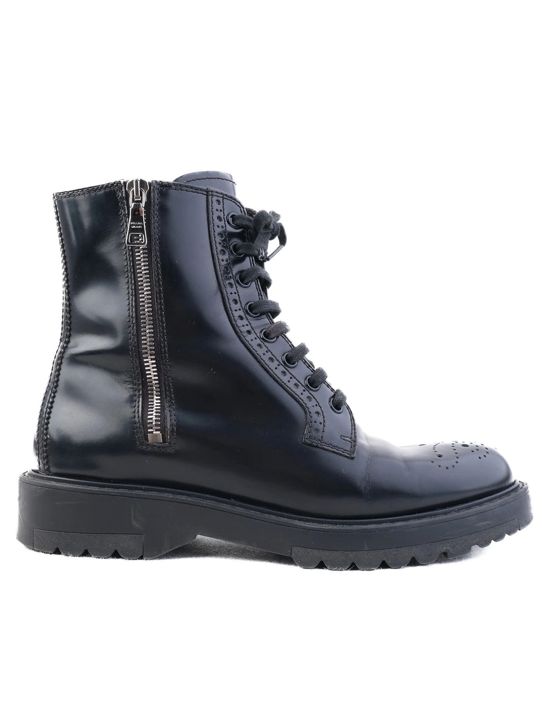 Prada Black Leather Ankle Boots with Laces & Side Zipper, Size 38