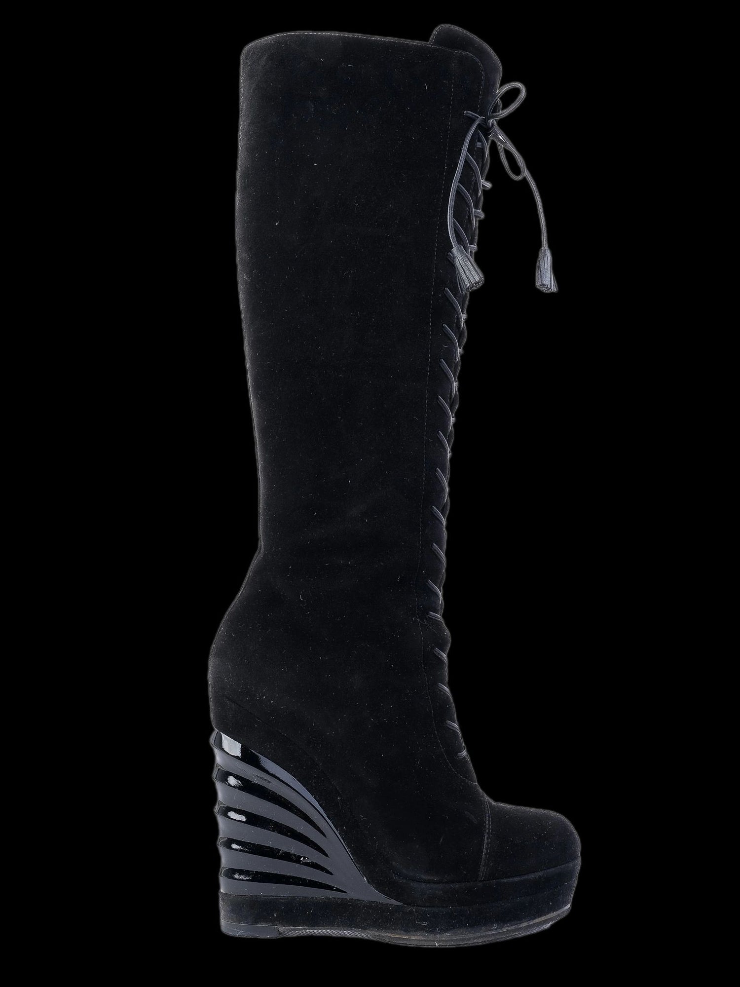 Good Yves Saint Laurent Black Genuine Suede Lace-Up Wedge Boots Size 37.5