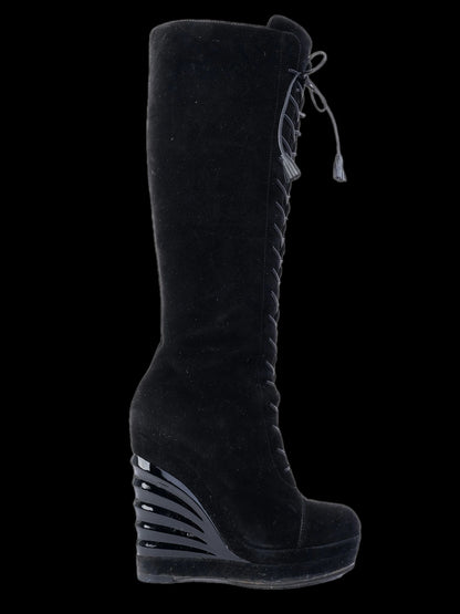 Good Yves Saint Laurent Black Genuine Suede Lace-Up Wedge Boots Size 37.5