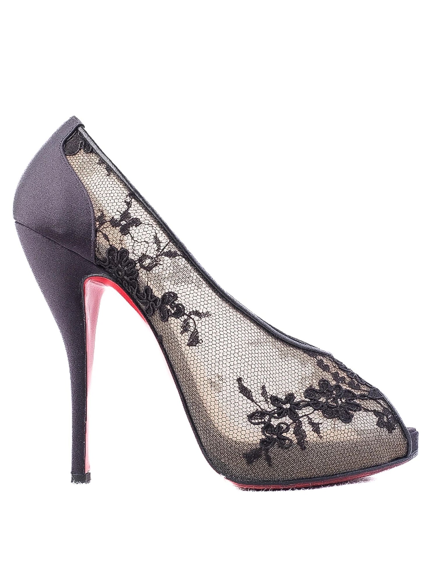 Excellent Christian Louboutin Black Lace Peep-Toe High Heels Size 37.5