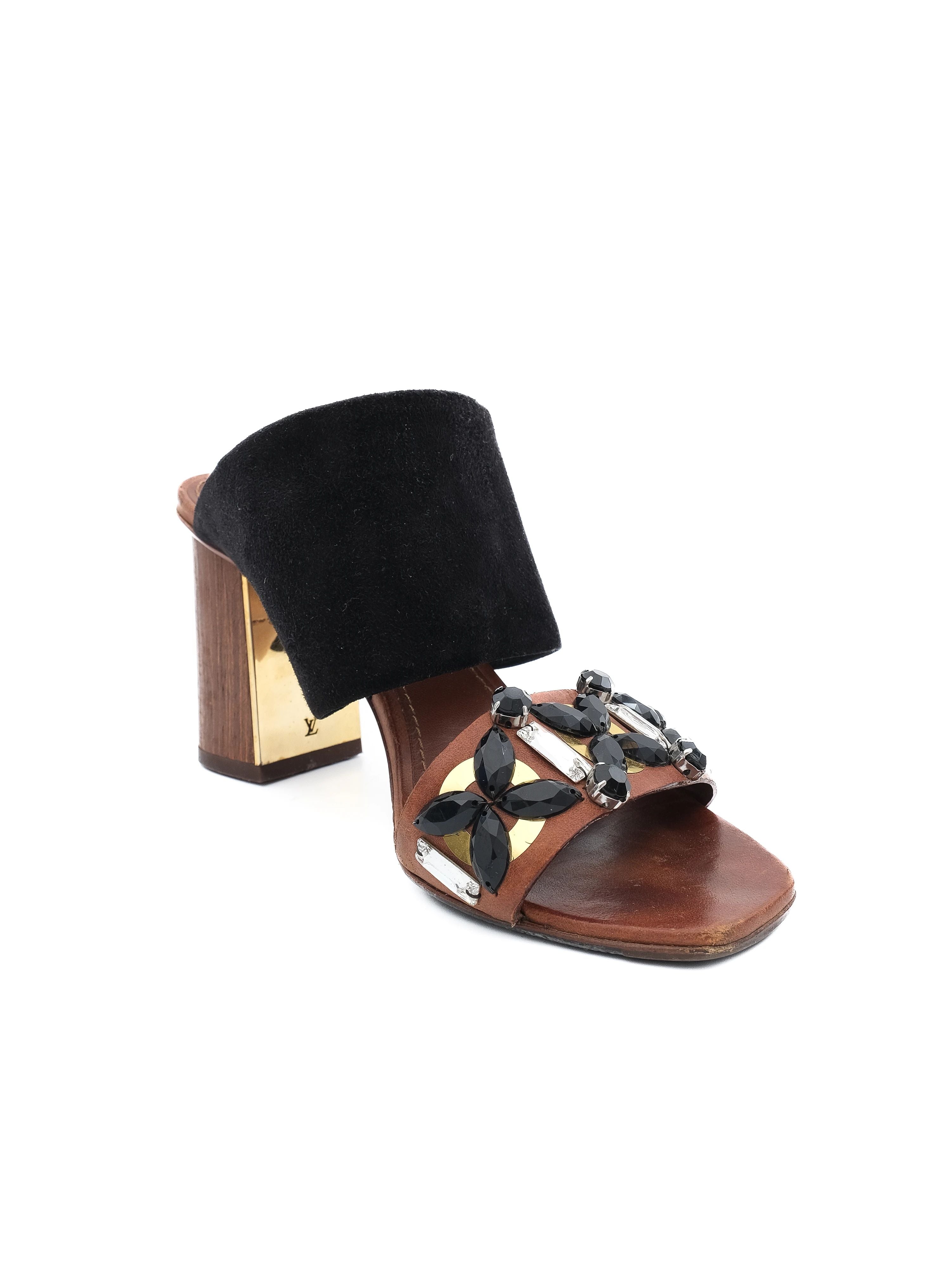 Excellent Louis Vuitton Black Suede Block-Heeled Sandals Size 36.5