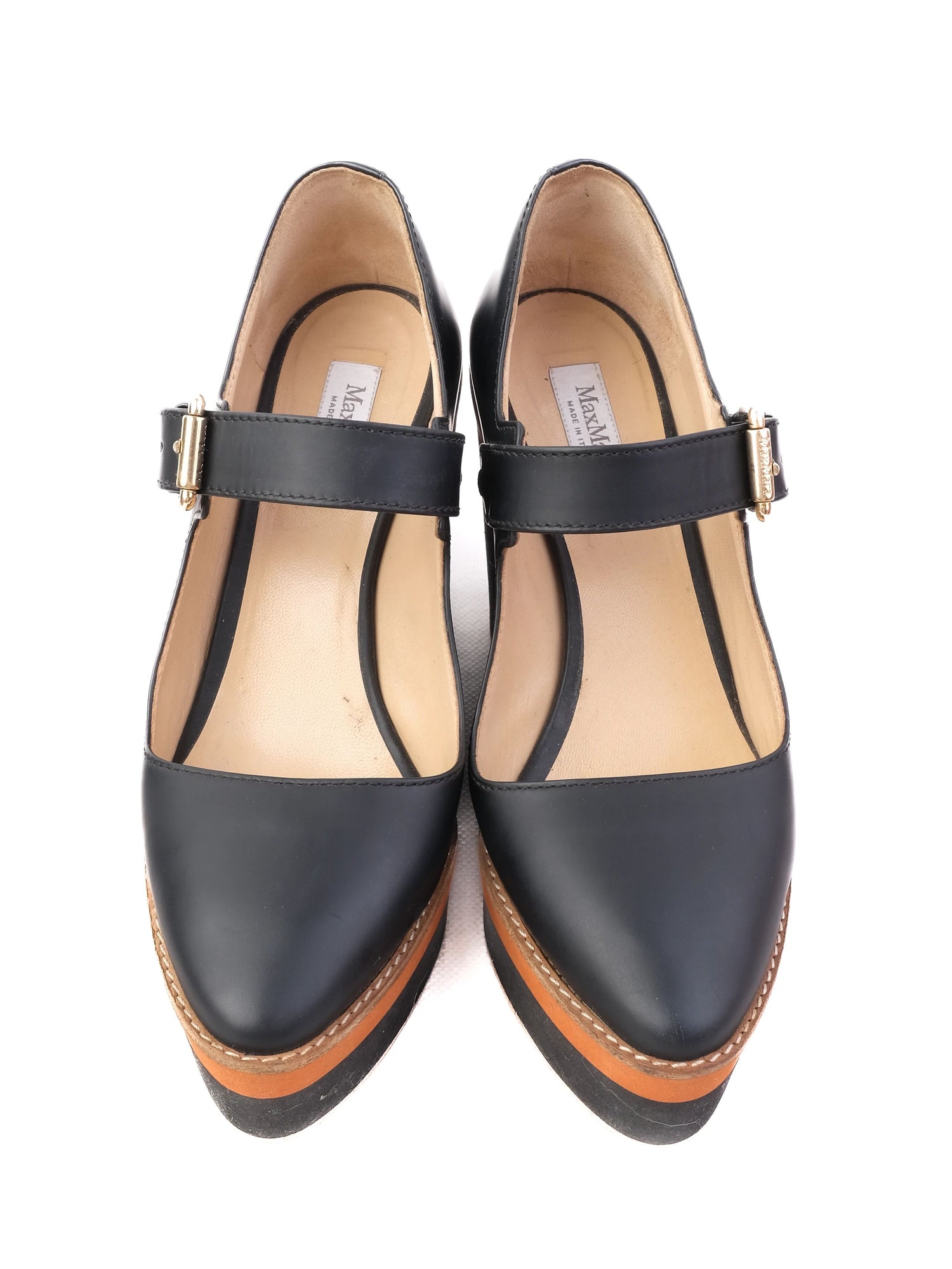 Excellent Max Mara Blue Leather Wedge Shoes Size 35 with Orange Stripe