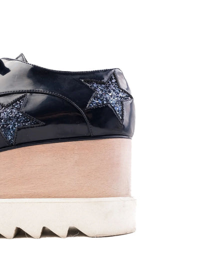 Stella McCartney Black Leather Platform Shoes Size 37 with Glitter Stars