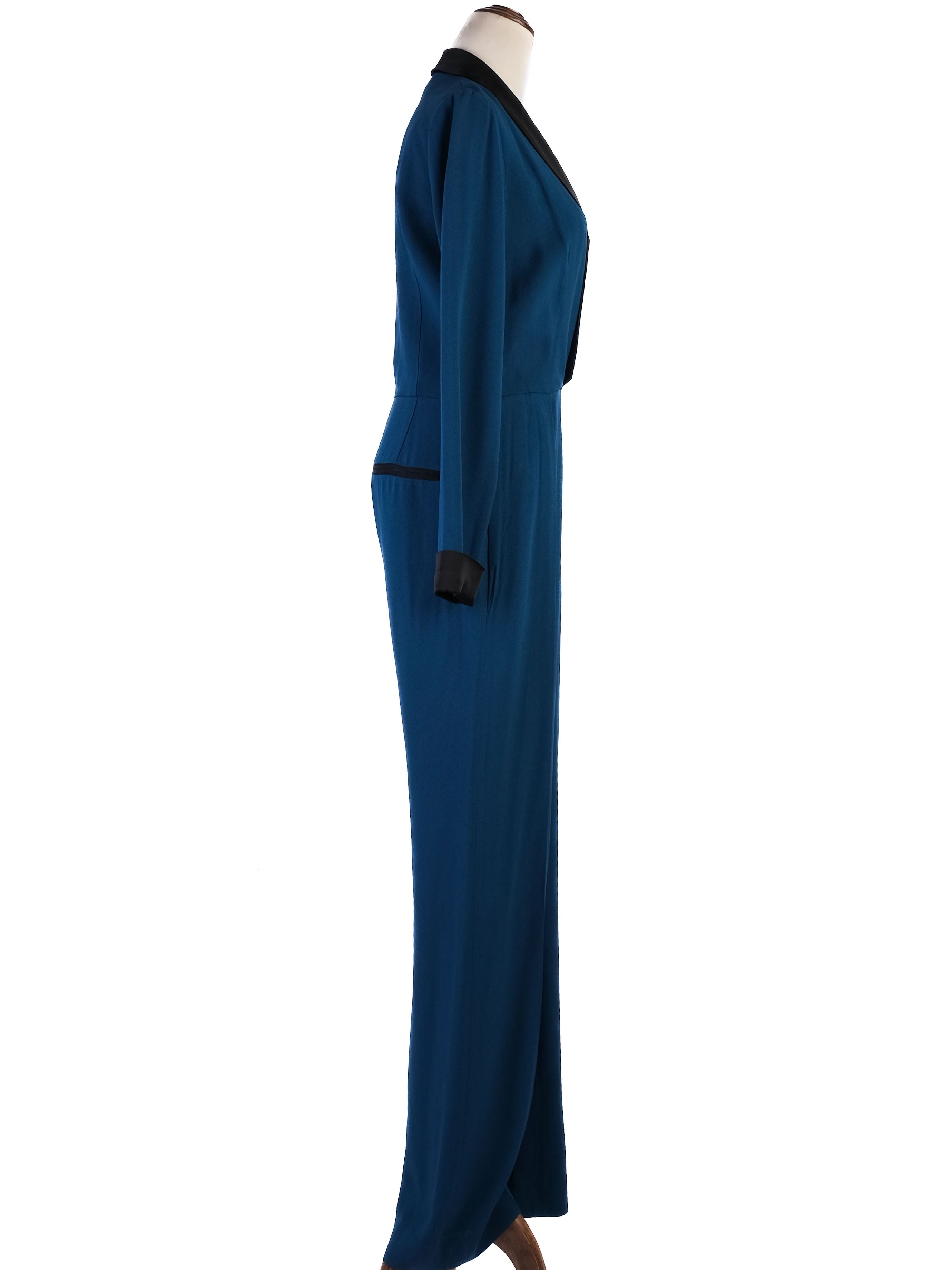 Excellent Rachel Zoe Teal Jumpsuit XS with Black Lapels &amp; Cuffs
