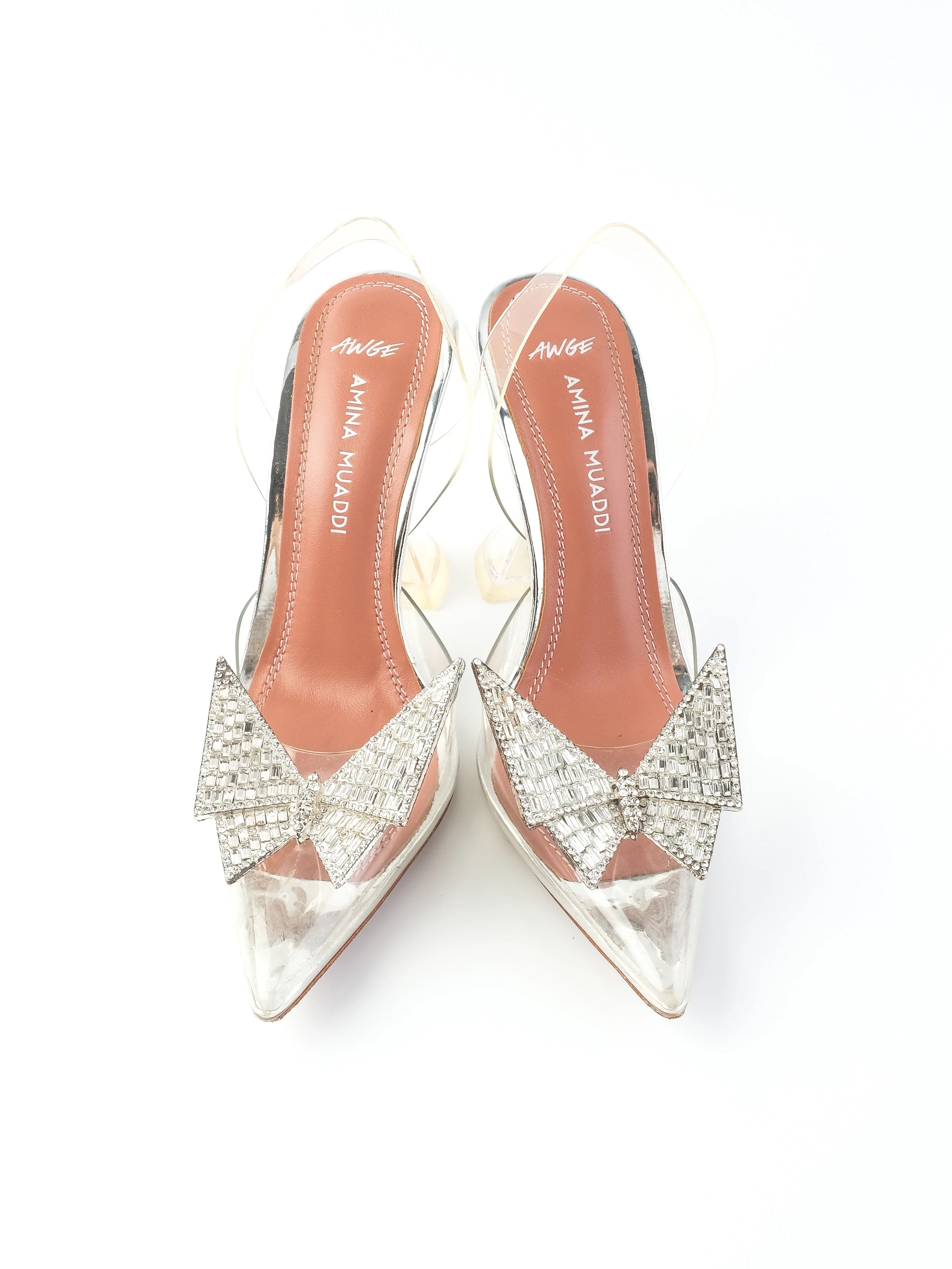 Perfect Amina Muaddi Gray High-Heeled Leather Shoes with Pyramid Embellishment