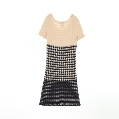 Chanel Navy Beige Coco Mark Button Dress Rayon Cotton Silk P 43366