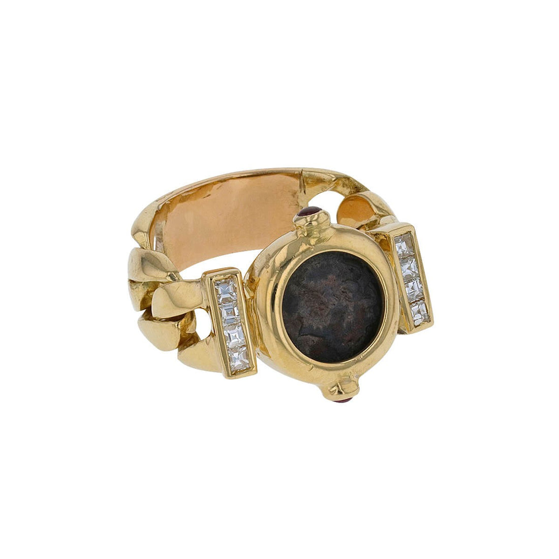 Gilles Legendre gold, antic coin, rubies and diamonds ring