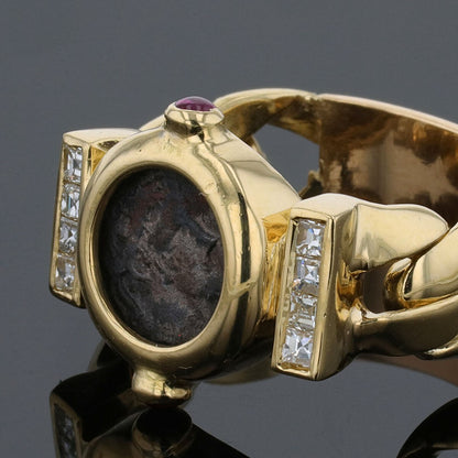 Gilles Legendre gold, antic coin, rubies and diamonds ring