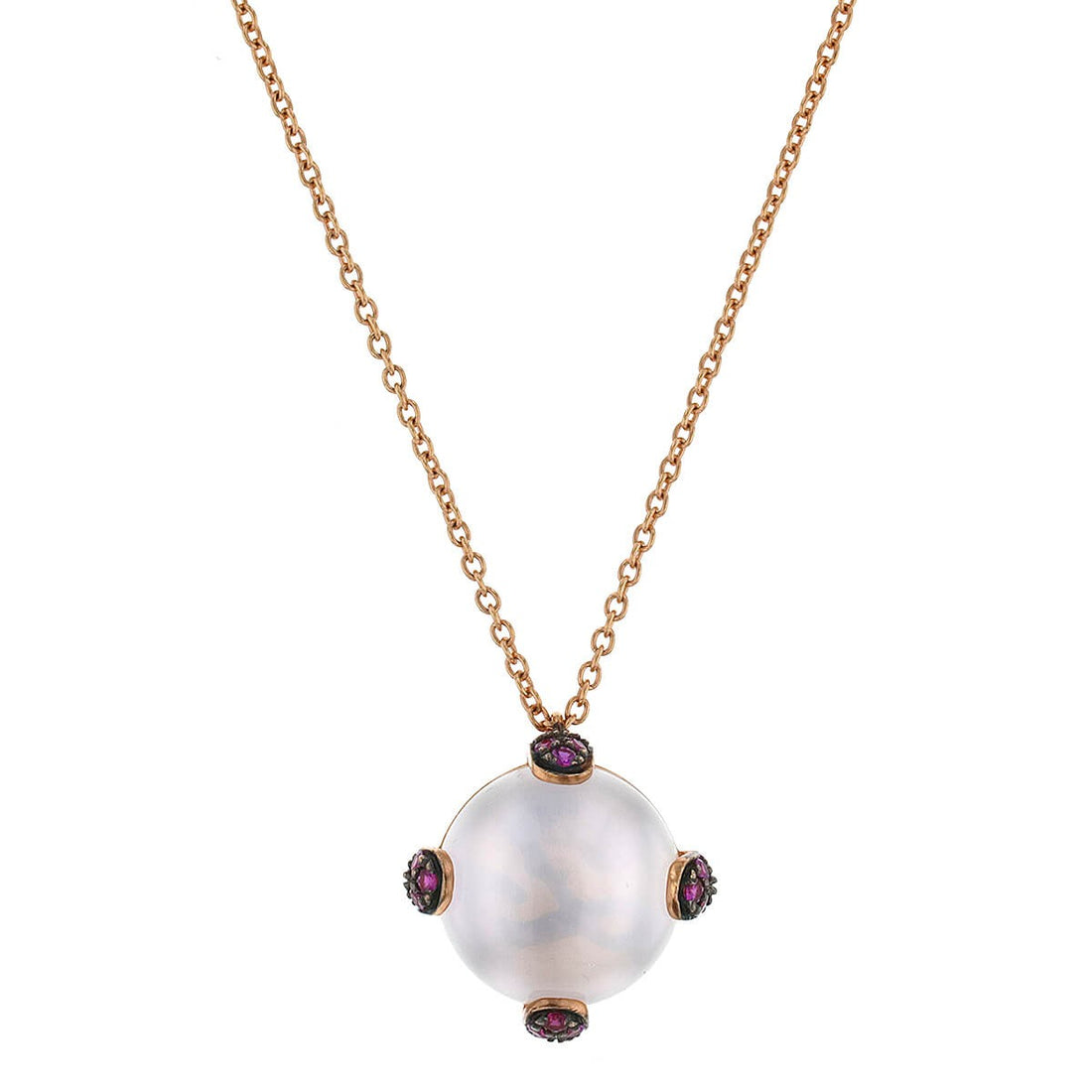Gold, pink moonstone, rubies necklace