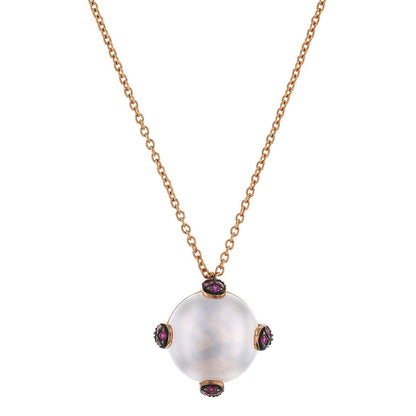 Gold, pink moonstone, rubies necklace