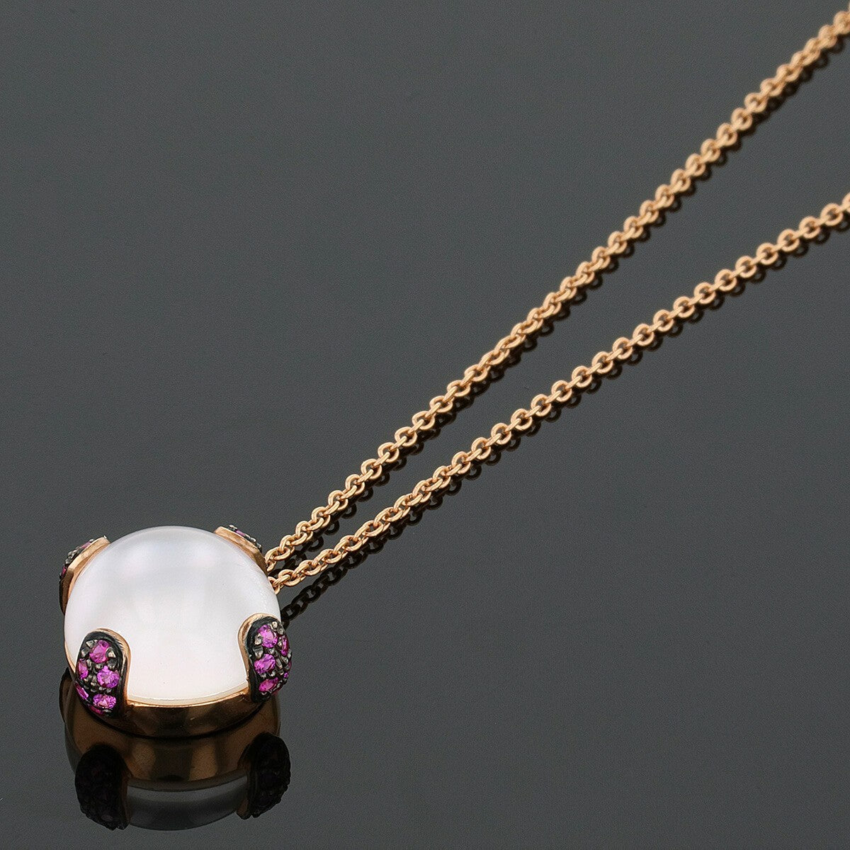 Gold, pink moonstone, rubies necklace