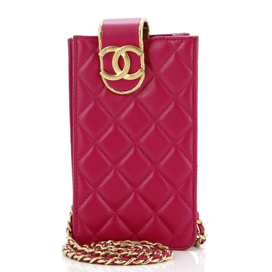 Chanel Quilt Metal Edge Cc Phone Holder With Chain Quilted Lambskin