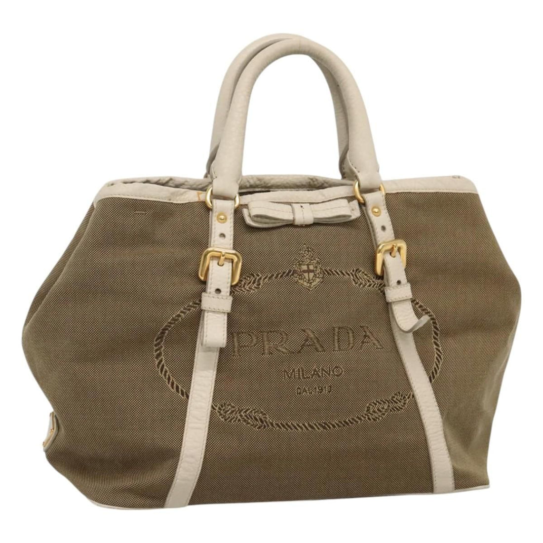 Prada Hand Bag Canvas Beige White Gold Auth