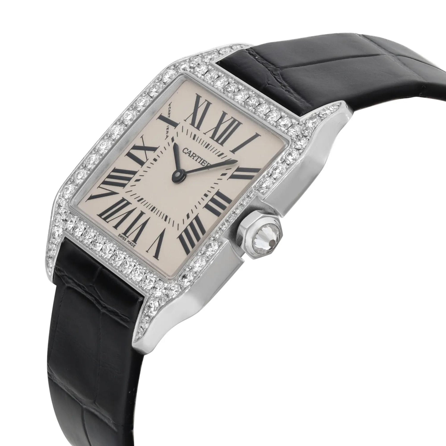 Cartier Santos-dumont 18K White Gold Silver Dial Diamond Quartz Watch WH100251