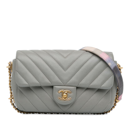 Chanel Mini Rectangular Chevron Lambskin Chain Around Flap Gray