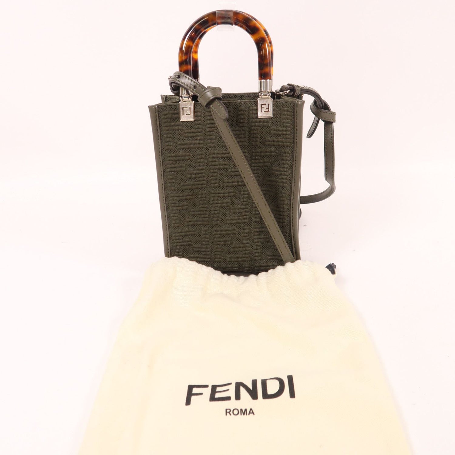 Fendi Needle Woven Fabric Sunshin Silver Handmade Shoulder And Back Bag 2way Shoulder Bag Khaki Green Other Knit 8bs 05