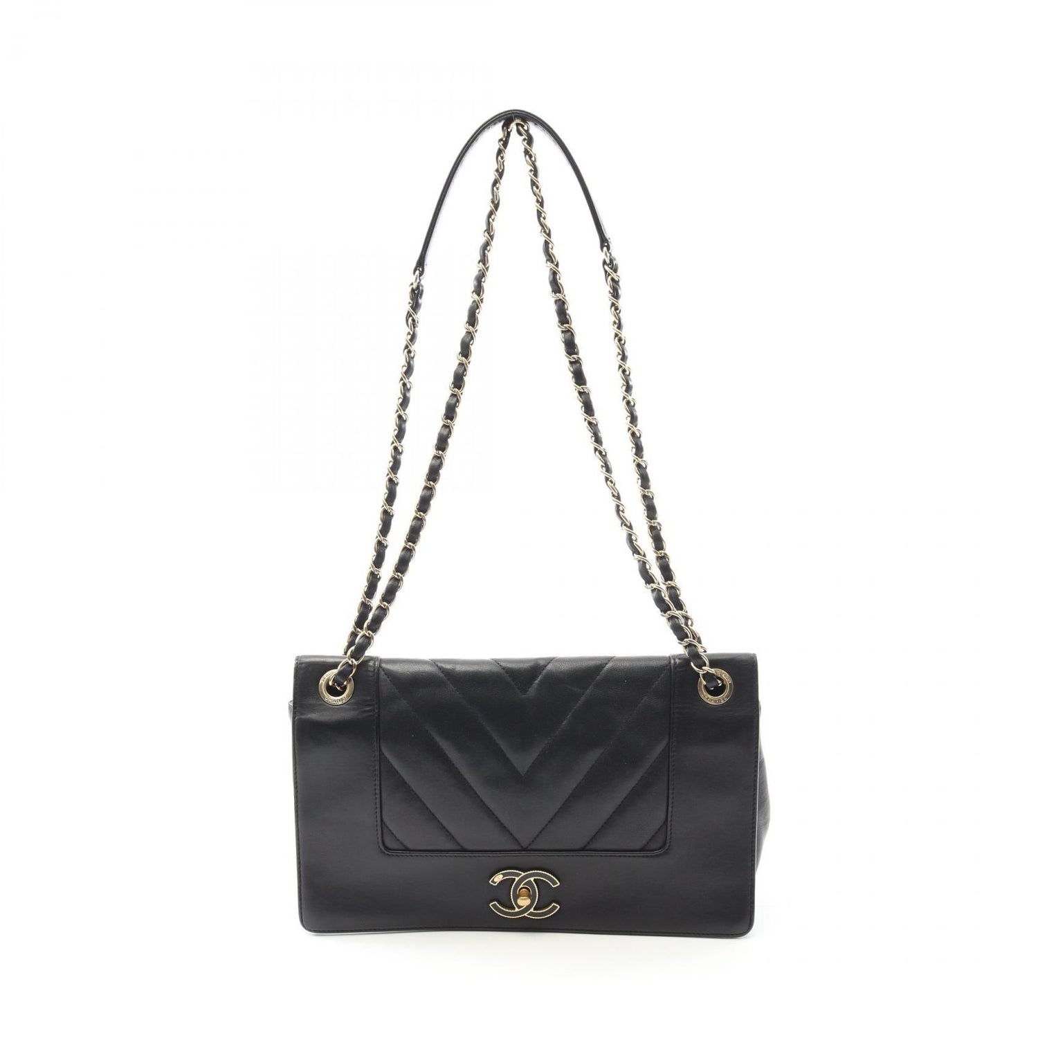 Chanel Black V Stitch Shoulder Bag Lambskin (sheep Leather)