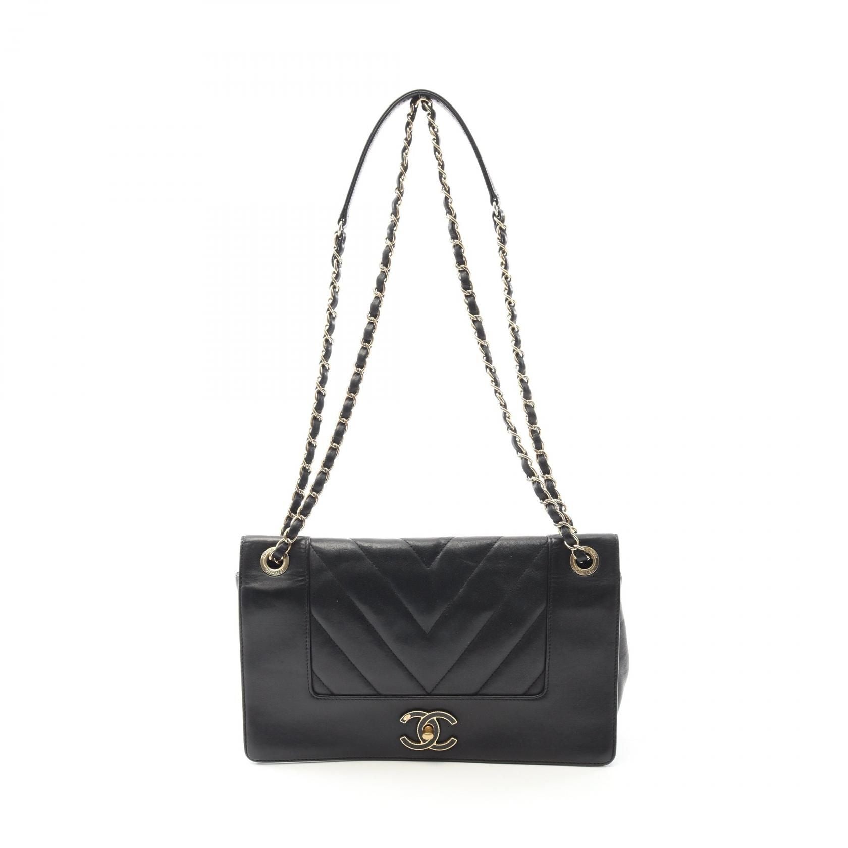 Chanel Black V Stitch Shoulder Bag Lambskin (sheep Leather)