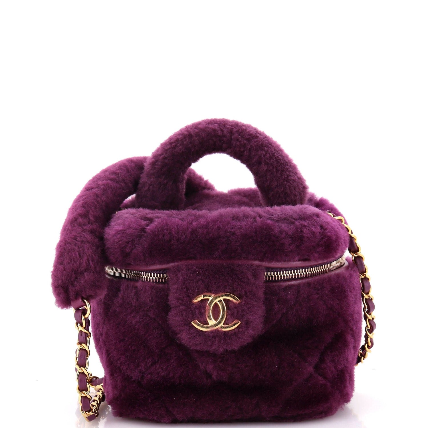Chanel Coconing Top Handle Vanity Case With Chain Quilted Shearling Small