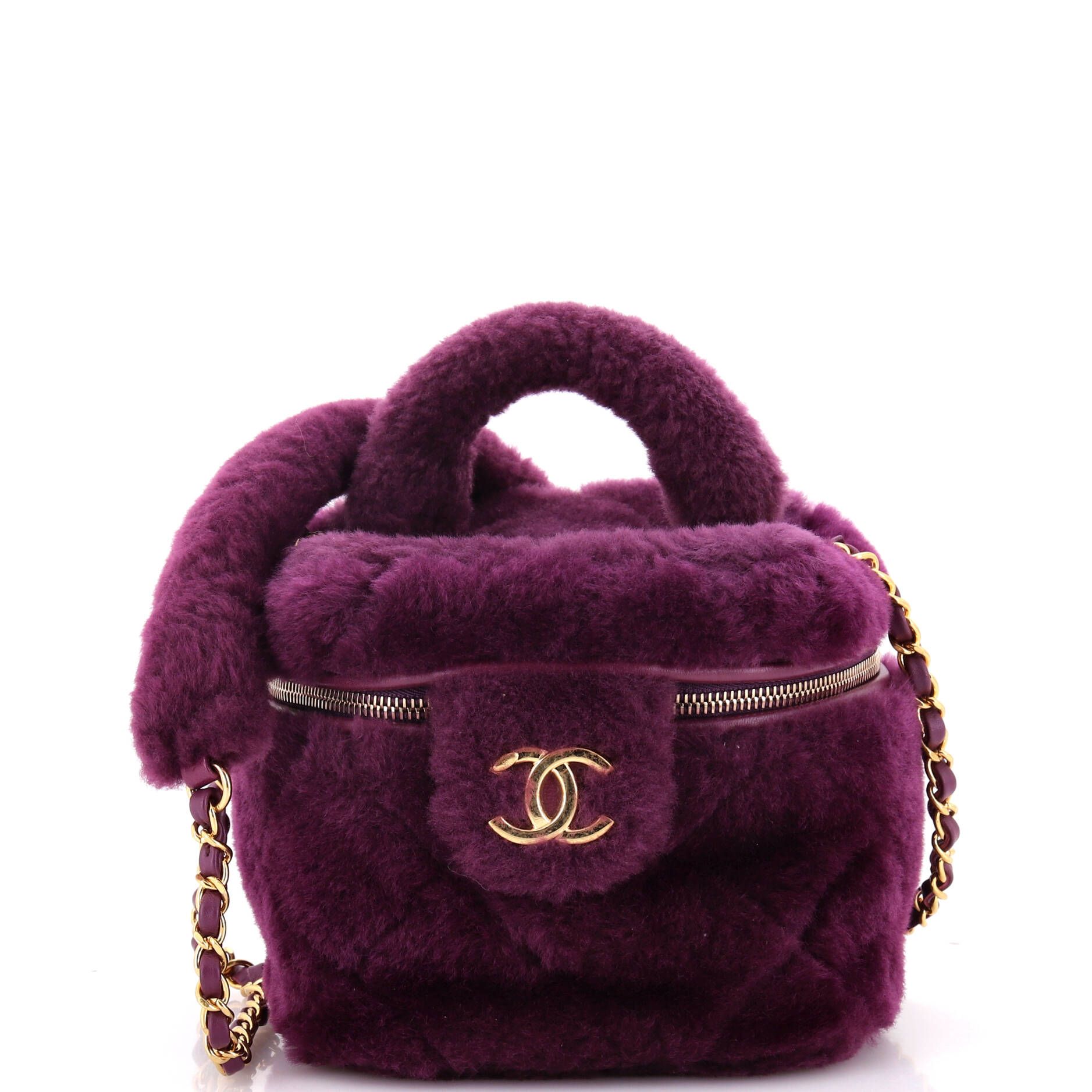 Chanel Coconing Top Handle Vanity Case With Chain Quilted Shearling Small