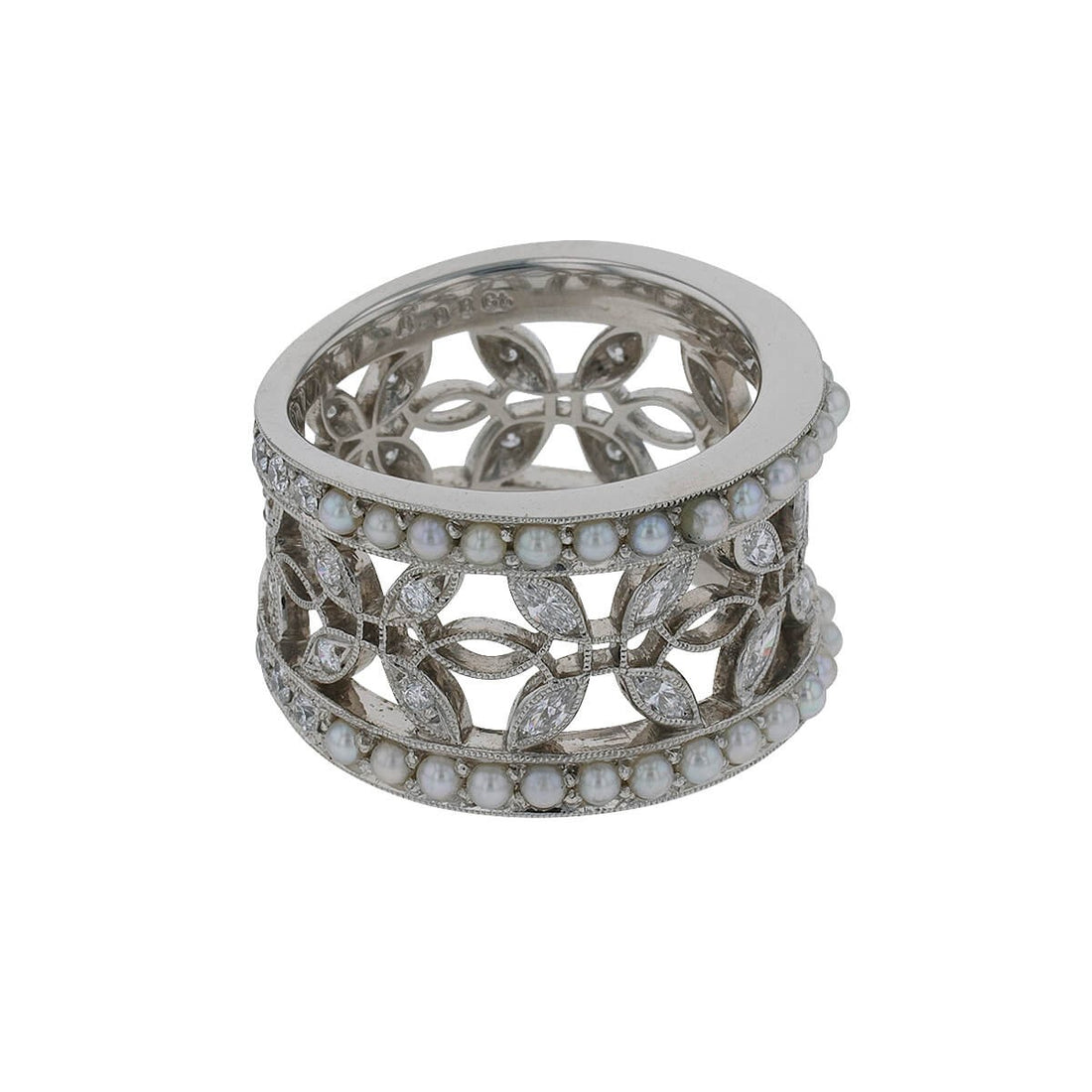 Mikimoto cultured pearls, diamonds and platinum ring