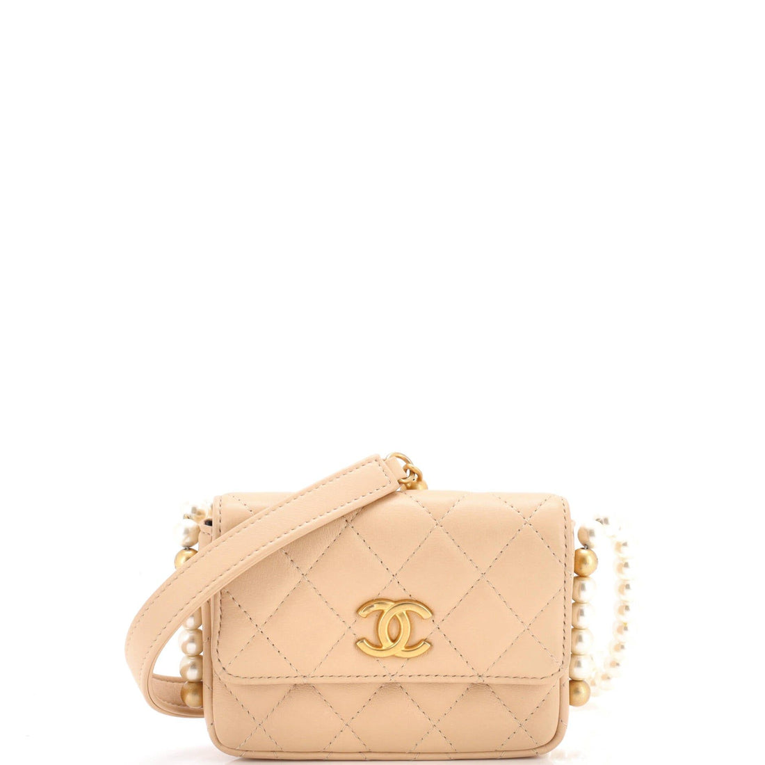 Chanel About Pearls Flap Card Holder With Chain Quilted Calfskin