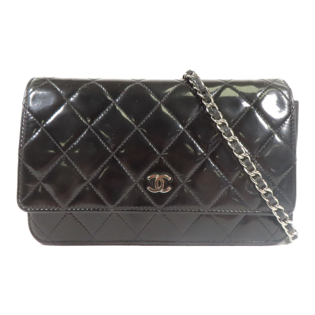 Chanel Black Lacquered Leather Woc Wallet On Chain Silver Cross Shoulder Back Bag Enamel
