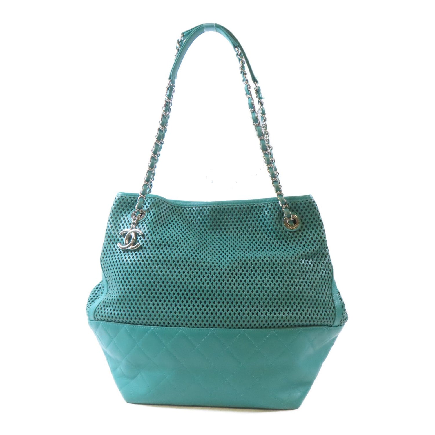 Chanel Green Diamond-shaped Sheepskin Leather Chain Shoulder Bag Silver Cross Shoulder Back