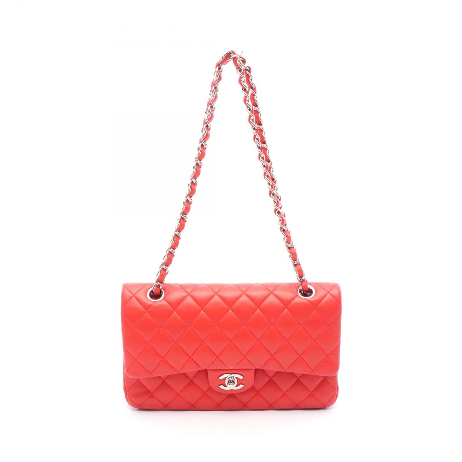 Chanel Red Matelasse W Flap Shoulder Bag Leather A 01112