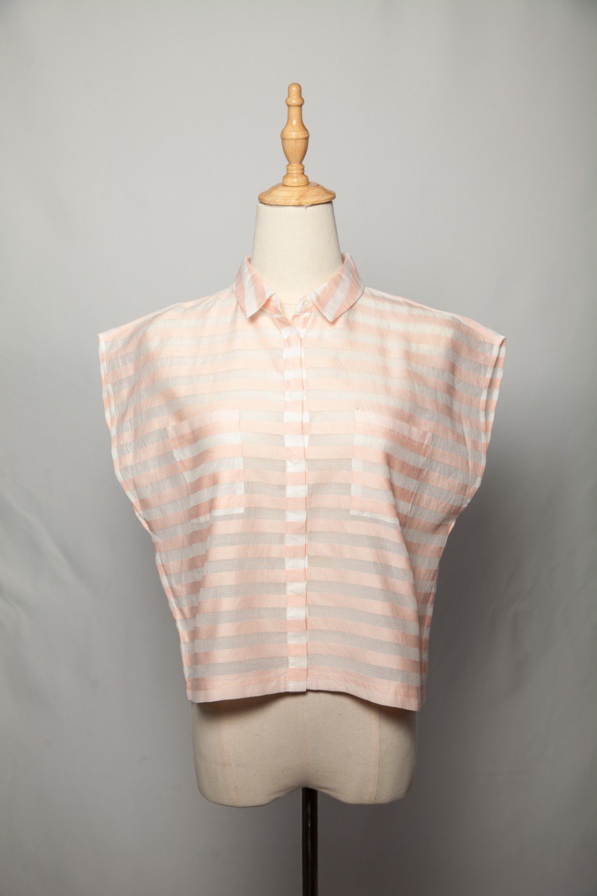 Good Intrend Pink Silk Blouse Size XXS Sheer Striped Design