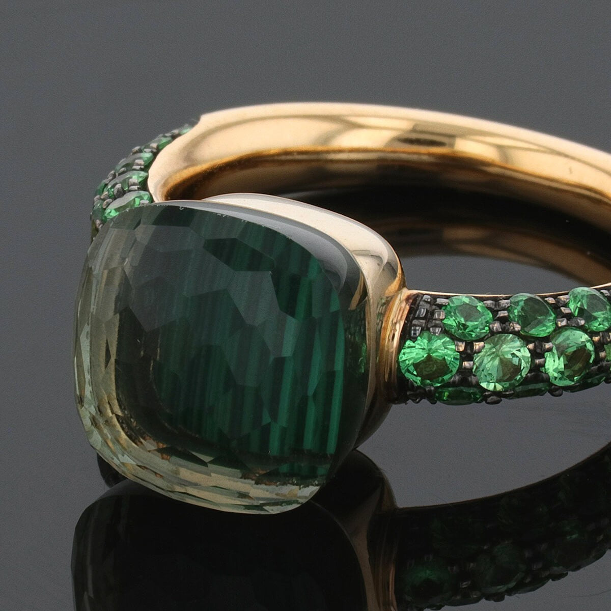 Pomellato Nudo malachite, prasiolite, garnets and gold ring