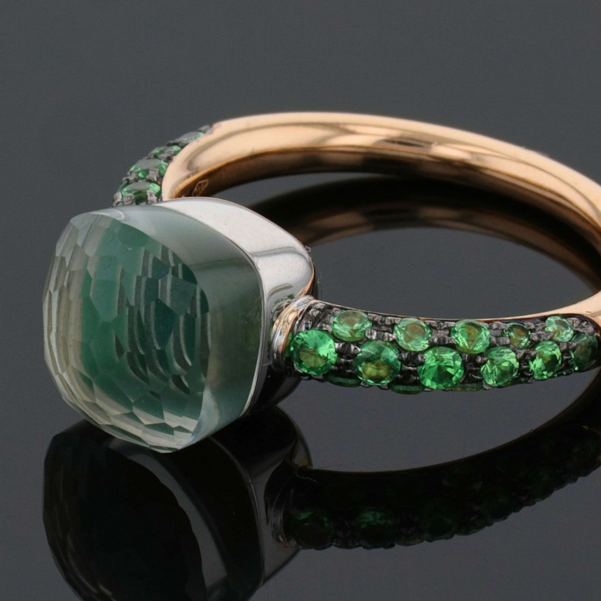 Pomellato Nudo prasiolite, garnets and gold ring