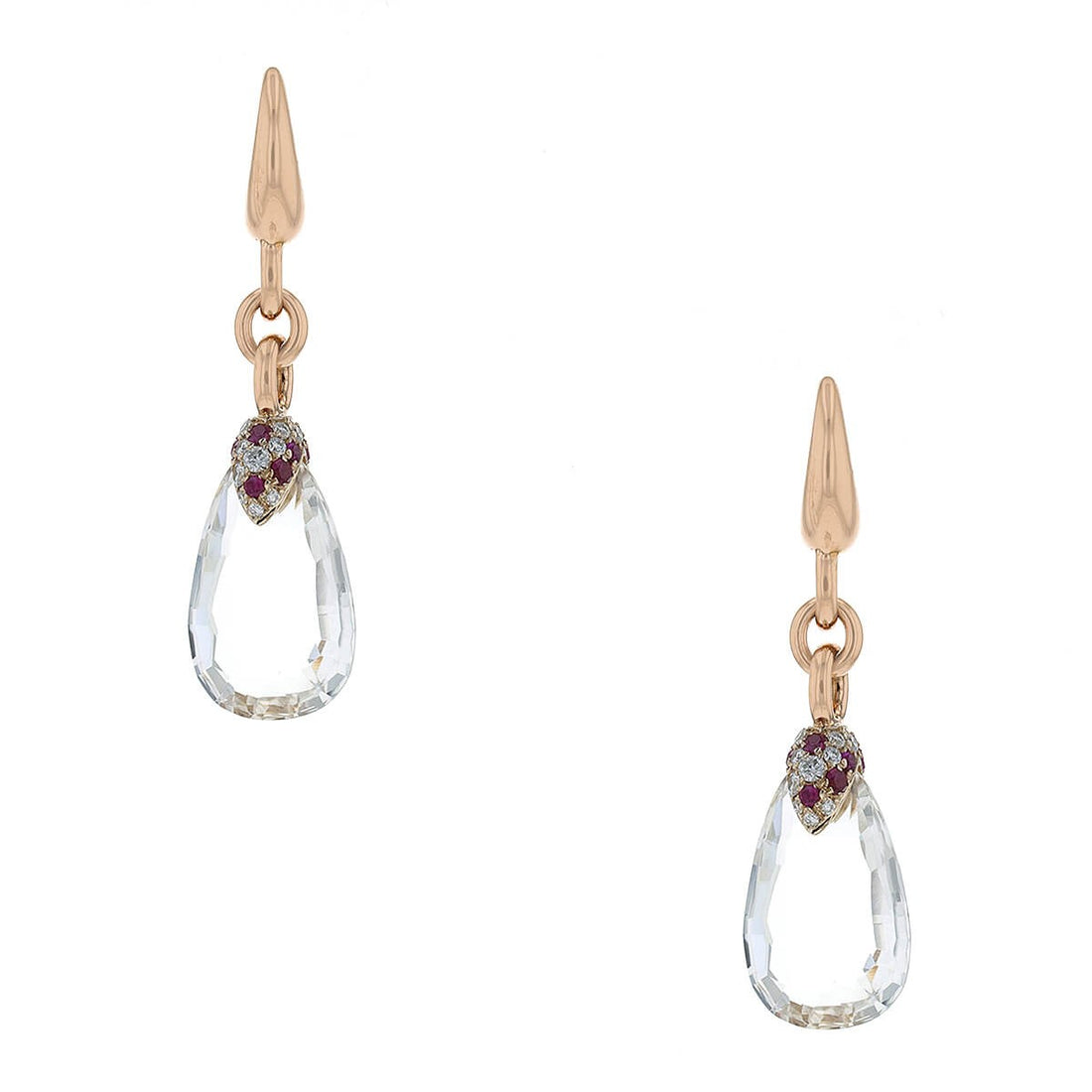 Pomellato Pin Up rock crystal, diamonds, rubies and gold earrings