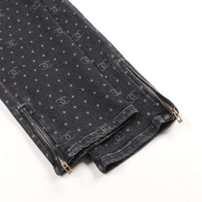 Chanel Black Coco Mark Dot Denim Pants Cotton Polyurethane P 74514v 66052