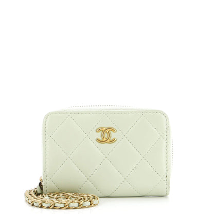 Chanel Pearl Crush Zip Around Card Holder On Chain Quilted Lambskin